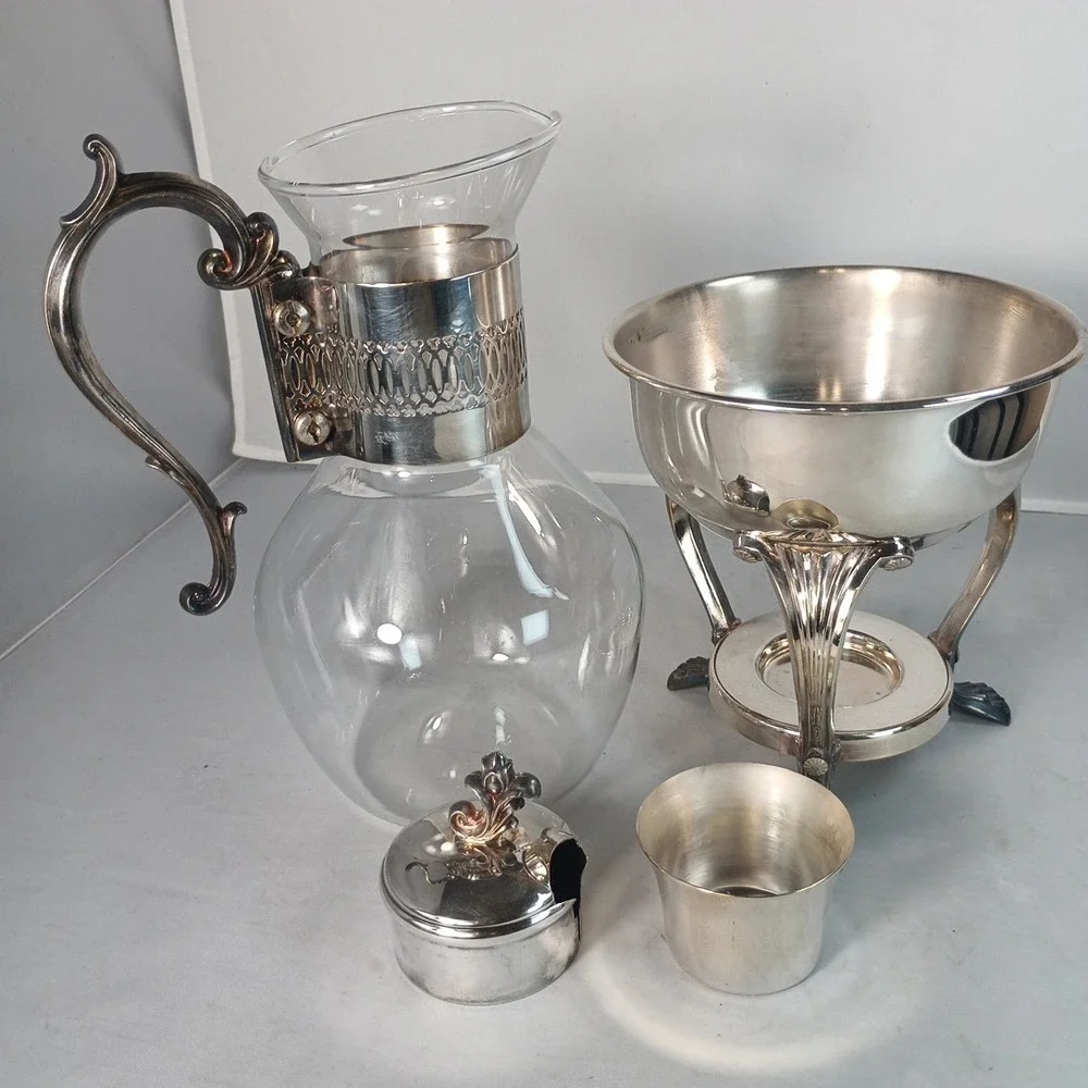 Vtg MCM Style Silver Plated & Glass Coffee Tea Carafe with Footed Warmer Stand